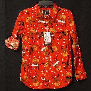Denim Flower Red Button Up with Rudolph the Red Nose Reindeer Print Boy’s 11-12